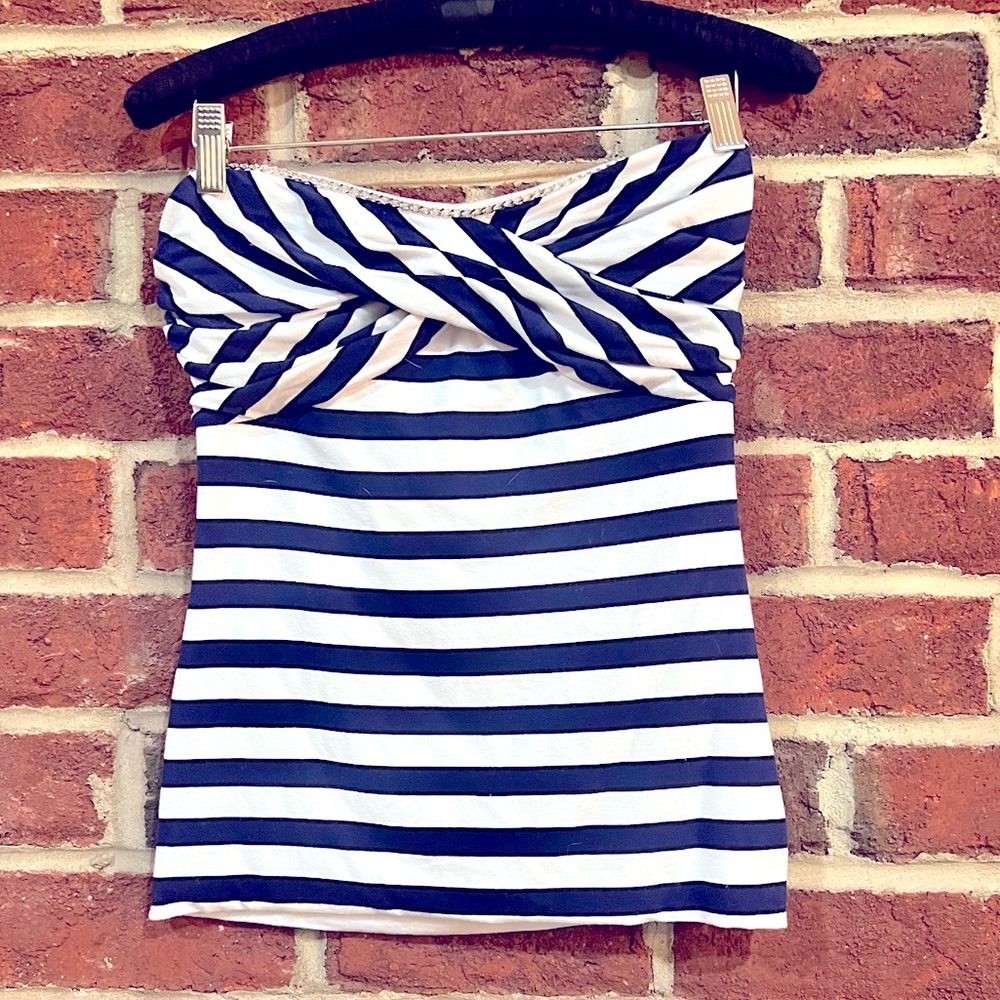 Navy Blue and white striped bandeau top from WHBM with metal chain detail